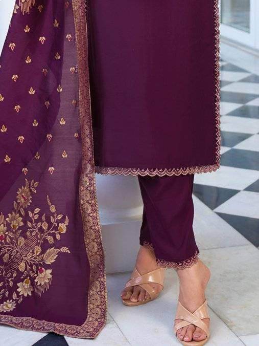 Dazzling Purple Hand Work Viscose Silk Pant Suit With Dupatta
