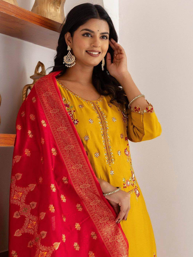 Impressive Yellow Thread Work Viscose Silk Haldi Wear Pant Suit