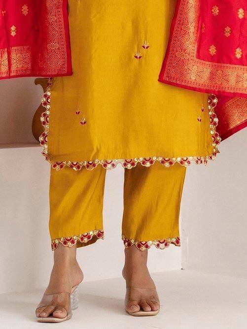 Impressive Yellow Thread Work Viscose Silk Haldi Wear Pant Suit