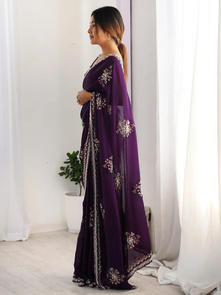 Glamorous Purple Hand Work Satin Event Wear Saree With Blouse
