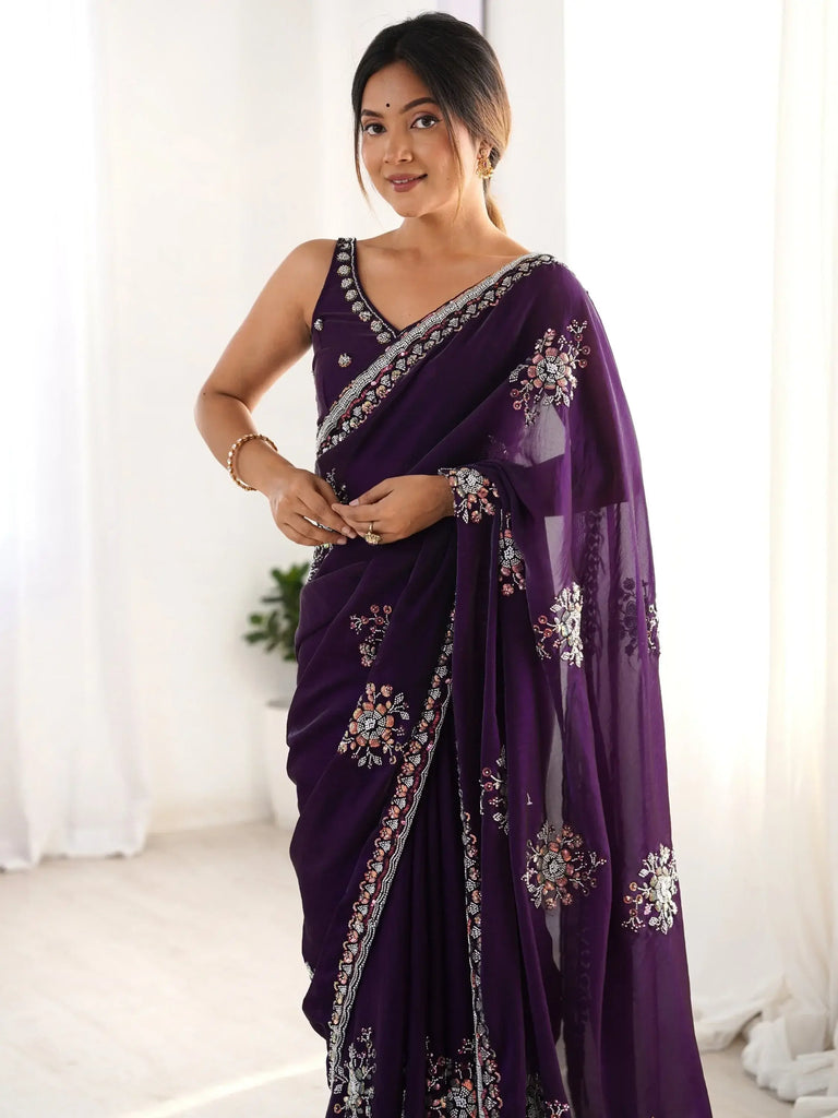 Glamorous Purple Hand Work Satin Event Wear Saree With Blouse
