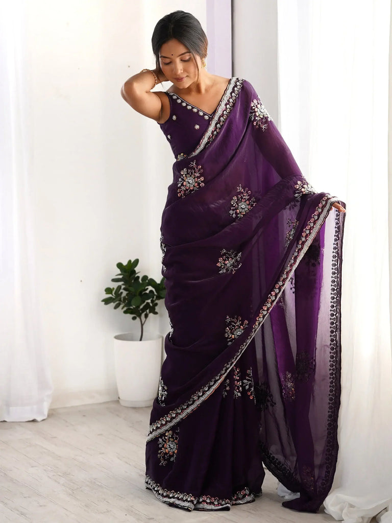Glamorous Purple Hand Work Satin Event Wear Saree With Blouse