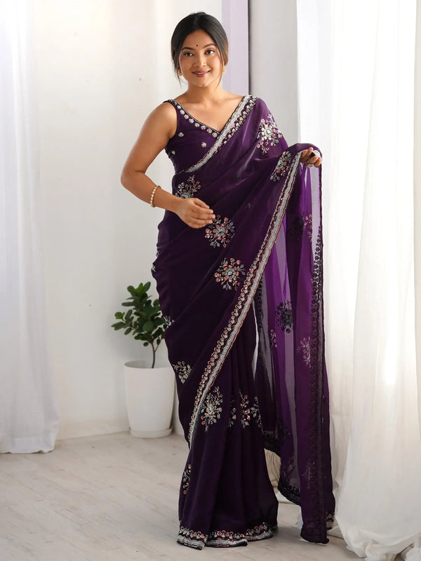 Glamorous Purple Hand Work Satin Event Wear Saree With Blouse