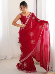 Wonderful Cherry Red Hand Work Satin Bridal Wear Saree With Blouse