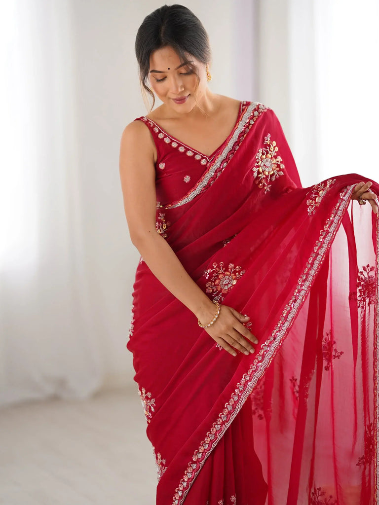 Wonderful Cherry Red Hand Work Satin Bridal Wear Saree With Blouse
