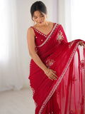 Wonderful Cherry Red Hand Work Satin Bridal Wear Saree With Blouse