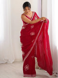 Wonderful Cherry Red Hand Work Satin Bridal Wear Saree With Blouse