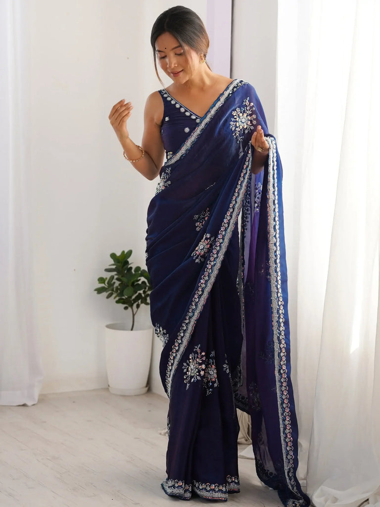 Excellent Navy Blue Bead Work Satin Reception Wear Saree With Blouse