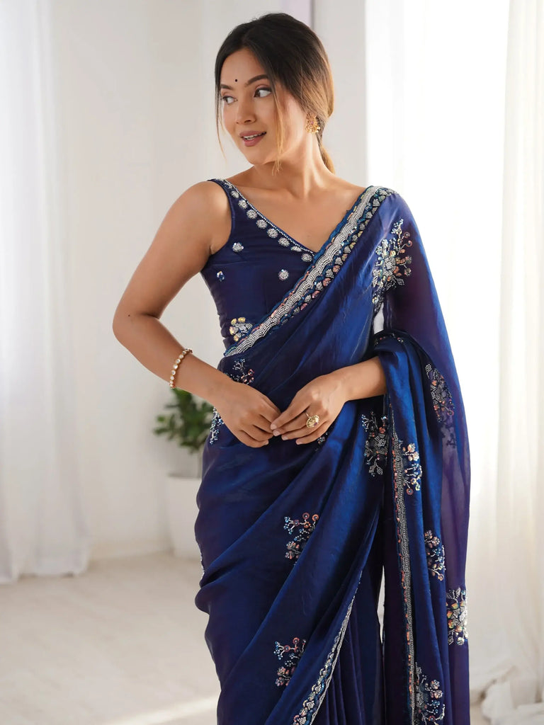 Excellent Navy Blue Bead Work Satin Reception Wear Saree With Blouse