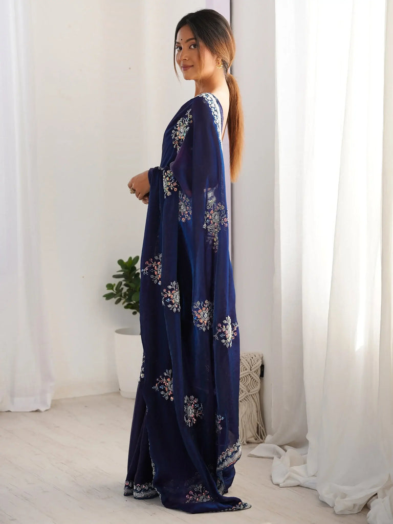 Excellent Navy Blue Bead Work Satin Reception Wear Saree With Blouse