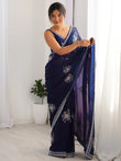 Excellent Navy Blue Bead Work Satin Reception Wear Saree With Blouse