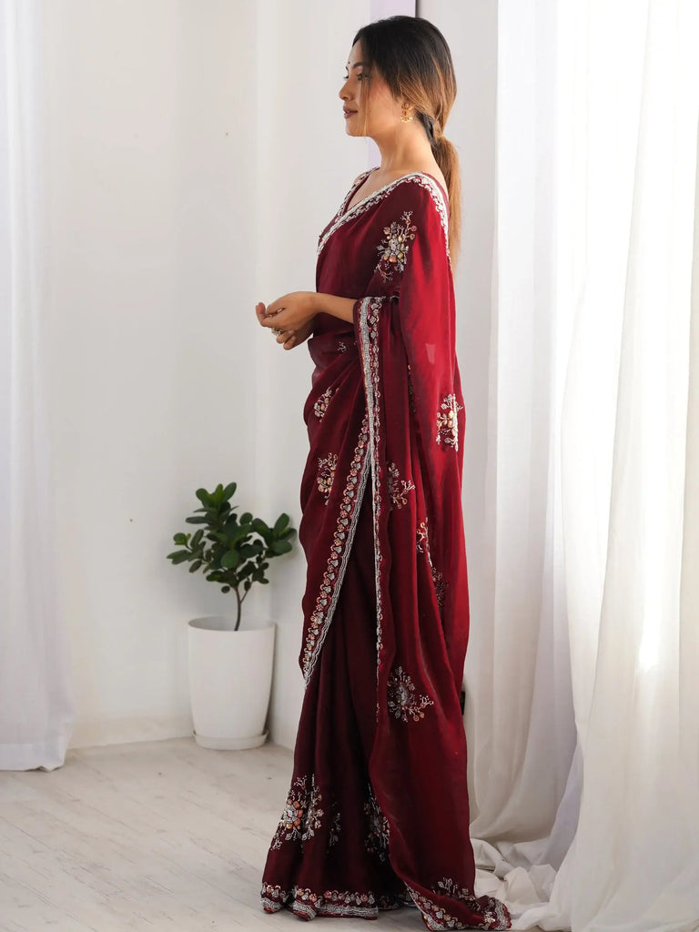 Marvelous Maroon Bead Work Satin Engagement Wear Saree With Blouse