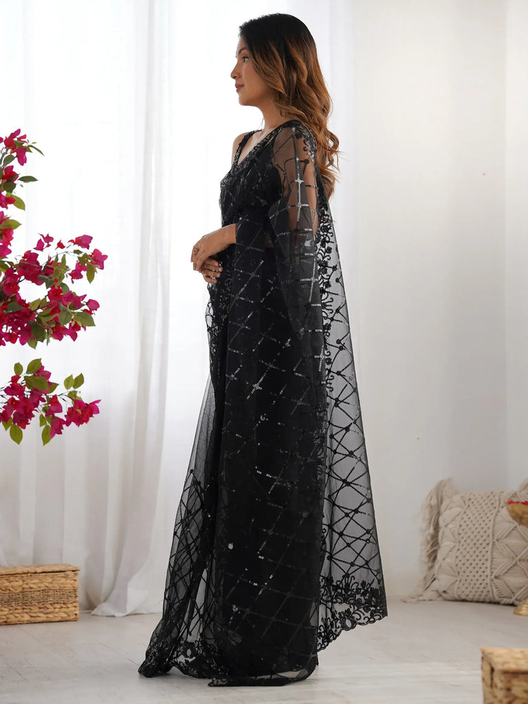 Fascinating Black Sequins Embroidery Net Party Wear Saree With Blouse