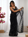 Fascinating Black Sequins Embroidery Net Party Wear Saree With Blouse
