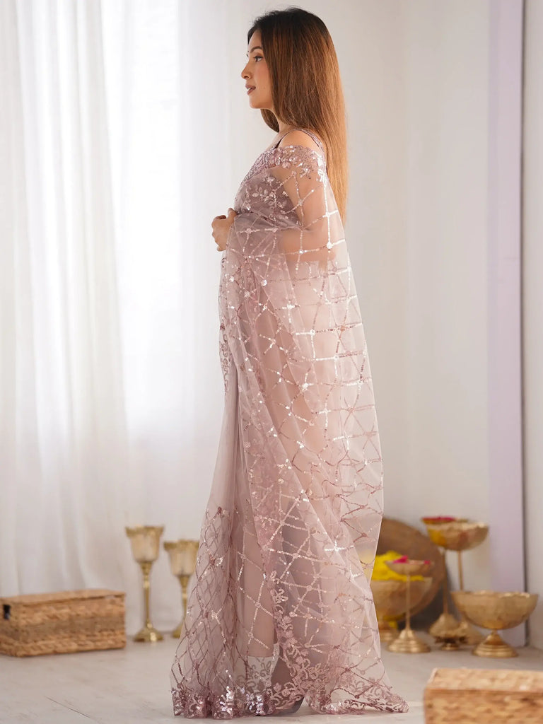 Lovely Light Mauve Sequins Embroidery Net Designer Saree With Blouse
