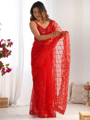 Amazing Red Sequins Embroidery Net Wedding Wear Saree With Blouse