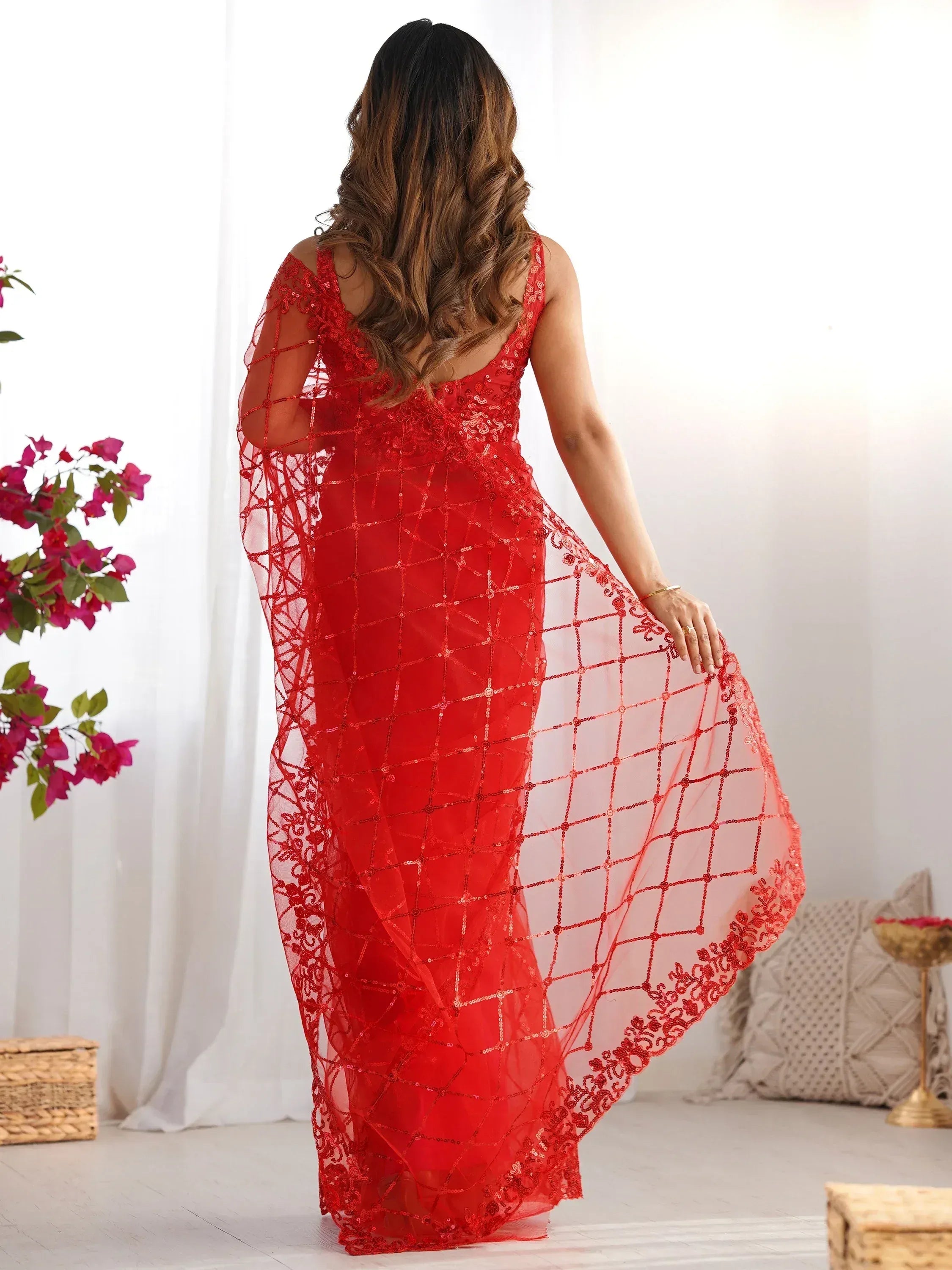 Red sequin ethnic gown with sheer overlay, back view, perfect for Indian weddings and parties