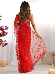 Amazing Red Sequins Embroidery Net Wedding Wear Saree With Blouse
