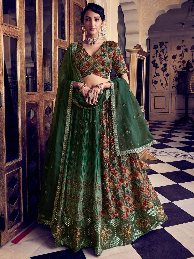 Pretty Rama Green Thread Embroidered  Silk Wedding Wear Lehenga Choli
