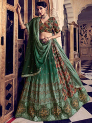Pretty Rama Green Thread Embroidered  Silk Wedding Wear Lehenga Choli