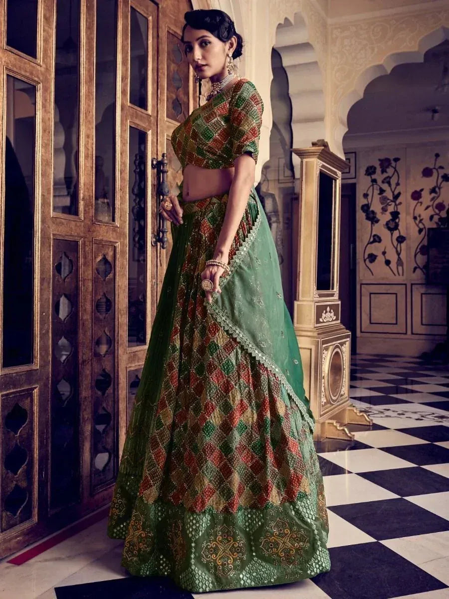 Green and red printed lehenga choli with embroidery, perfect for Indian ethnic wear and festive occasions.