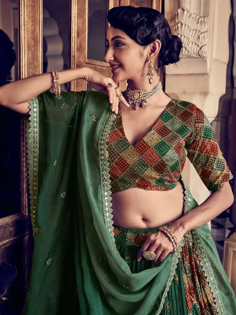 Pretty Rama Green Thread Embroidered  Silk Wedding Wear Lehenga Choli