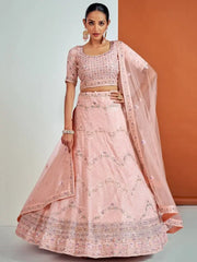 Beauteous Peach Georgette Sequined Wedding Wear Lehenga Choli