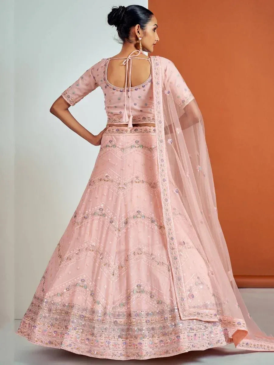Pink embroidered lehenga choli with back tie blouse and sheer dupatta, Indian ethnic wear