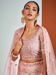 Beauteous Peach Georgette Sequined Wedding Wear Lehenga Choli