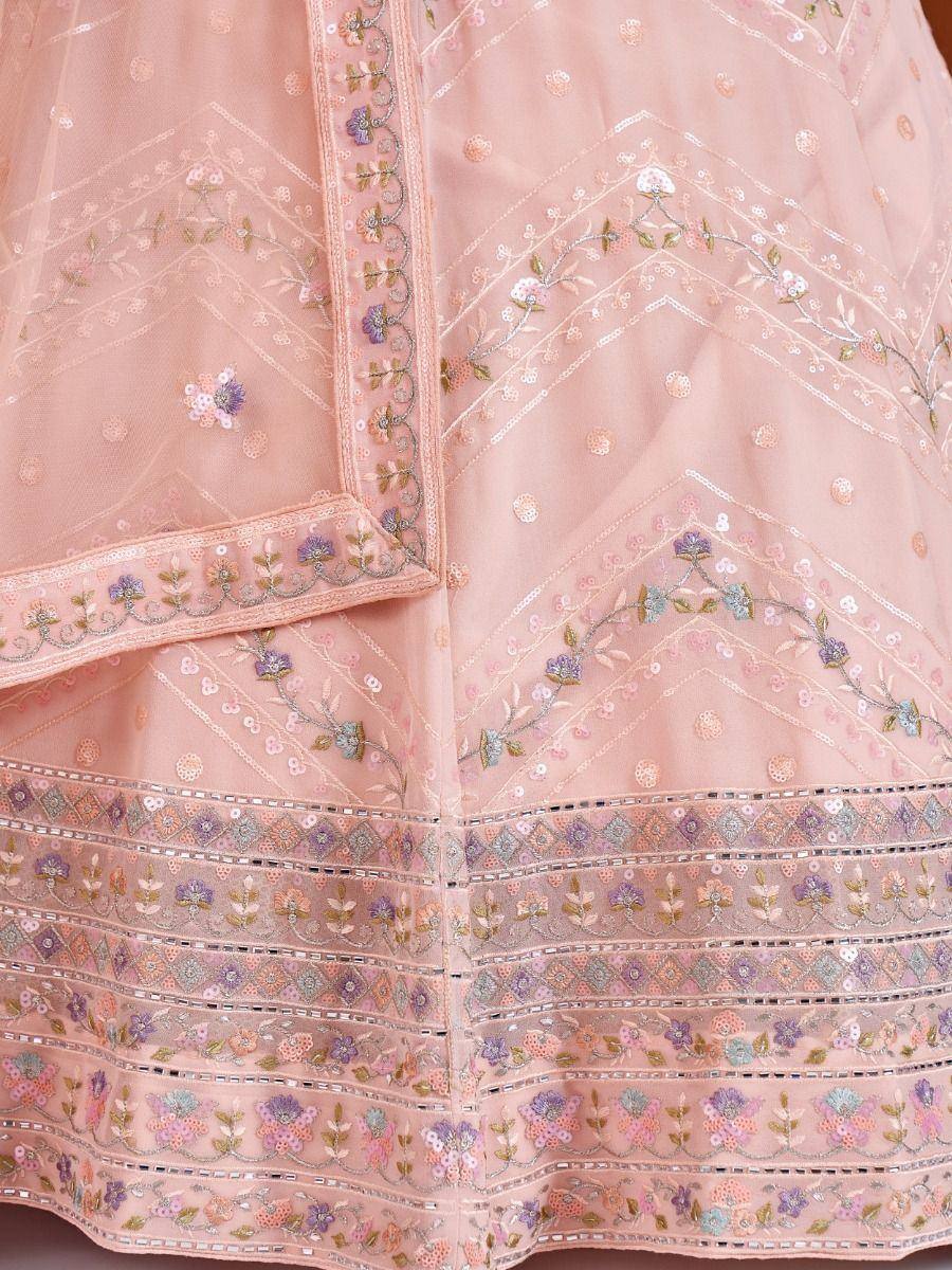 Pink embroidered lehenga with floral motifs and mirror work, ideal for Indian ethnic wear occasions