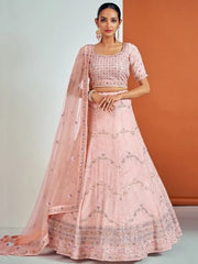 Beauteous Peach Georgette Sequined Wedding Wear Lehenga Choli