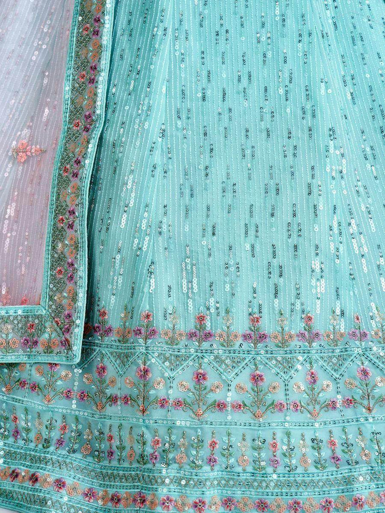 Glamorous Sky-Blue Georgette Sequined Bridesmaid Wear Lehenga Choli