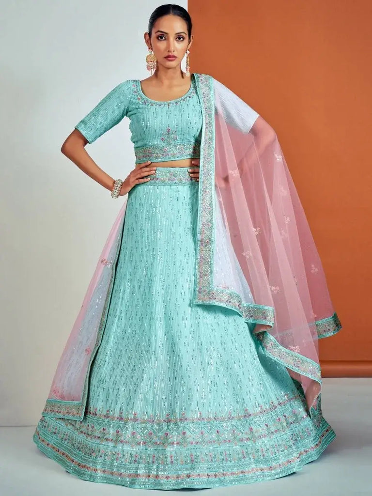 Glamorous Sky-Blue Georgette Sequined Bridesmaid Wear Lehenga Choli