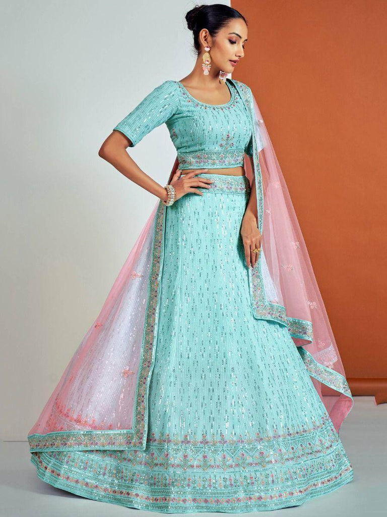 Glamorous Sky-Blue Georgette Sequined Bridesmaid Wear Lehenga Choli