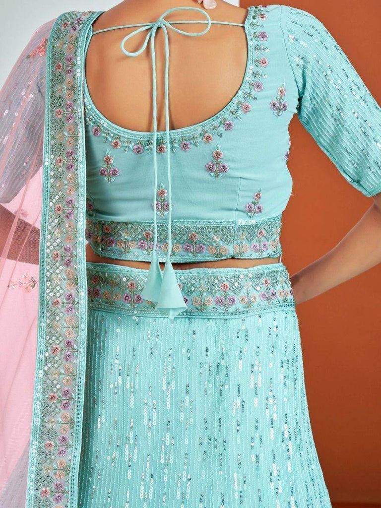 Glamorous Sky-Blue Georgette Sequined Bridesmaid Wear Lehenga Choli