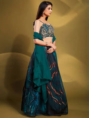 Elegance Teal-Colour Sequins Work Organza Reception Wear Lehenga Choli