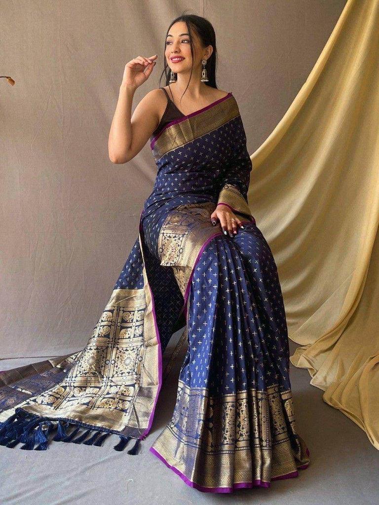 Charming Navy Blue Zari Woven Silk Event Wear Saree With Blouse
