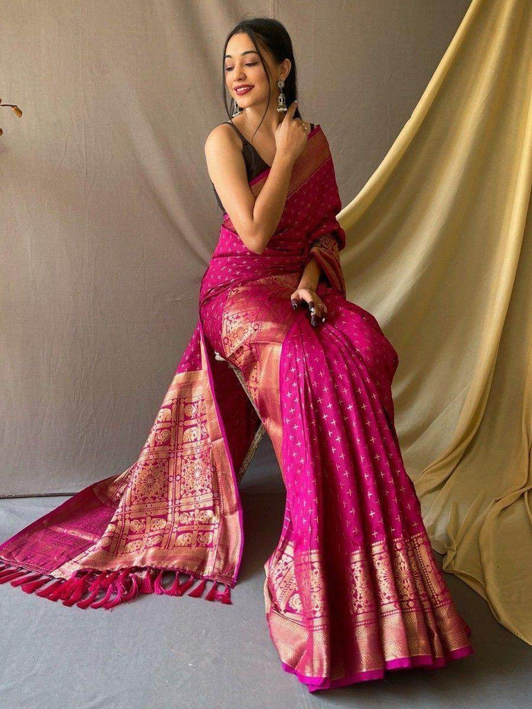 Fascinating Pink Zari Weaving Silk Wedding Wear Saree With Blouse