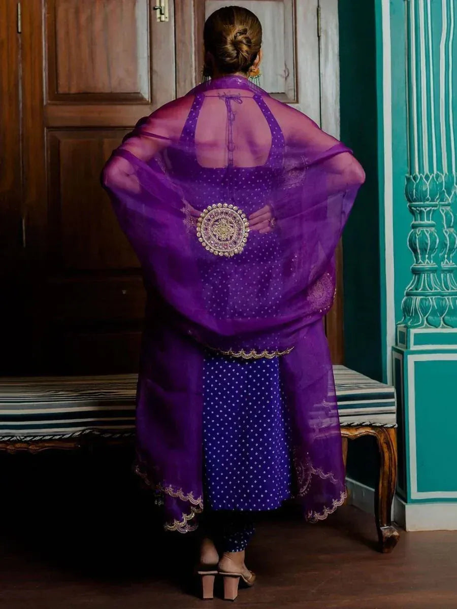 Purple polka dot salwar kameez with embroidered dupatta and backless blouse, ethnic Indian wear