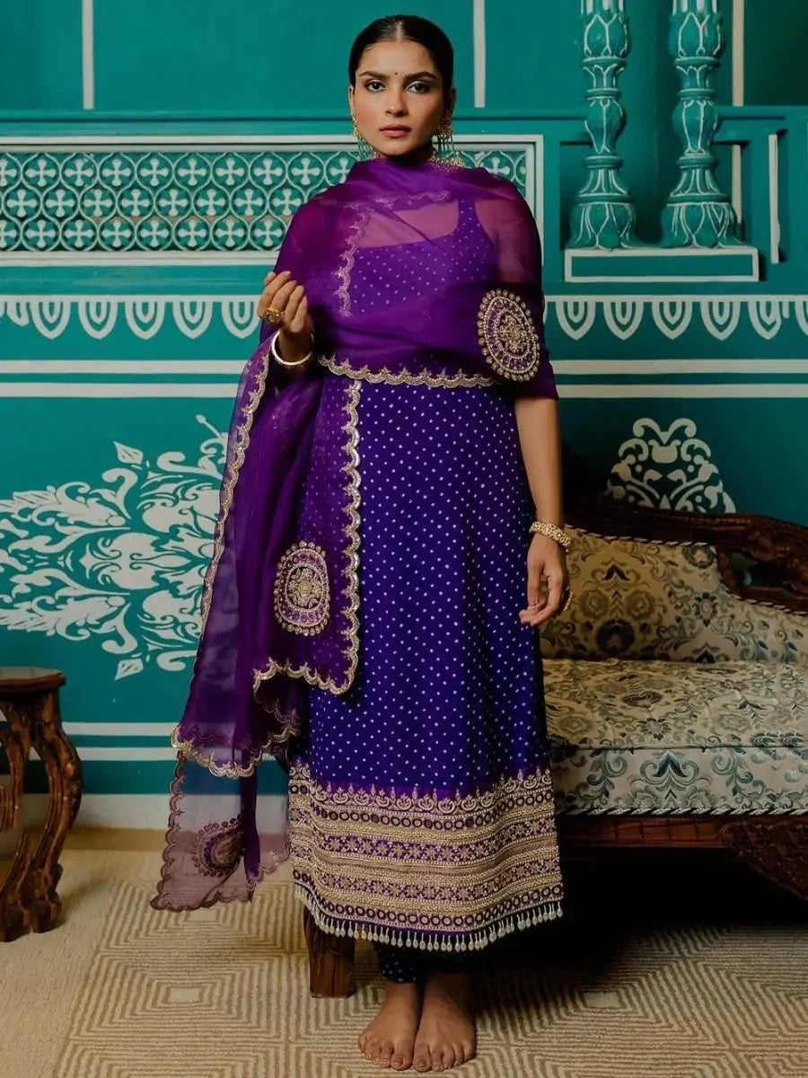 Marvelous Blue Bandhani Printed Satin Ready-Made Pant Suit
