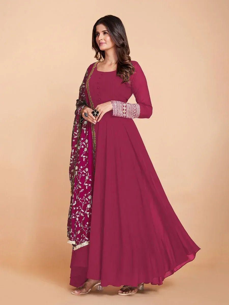 Elegant maroon anarkali suit with floral dupatta, perfect for Indian ethnic occasions