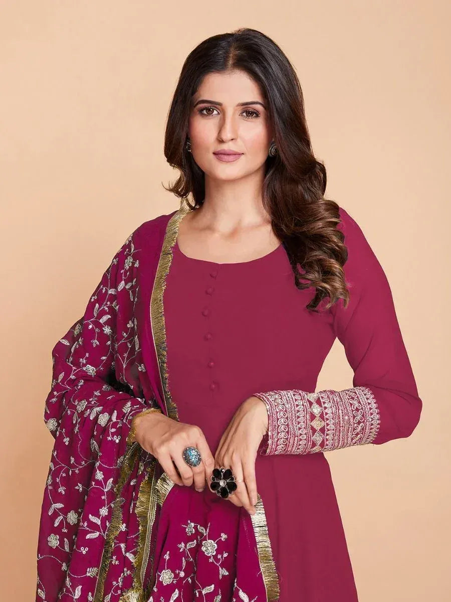 Maroon embroidered salwar kameez with floral dupatta, ethnic Indian wear for women