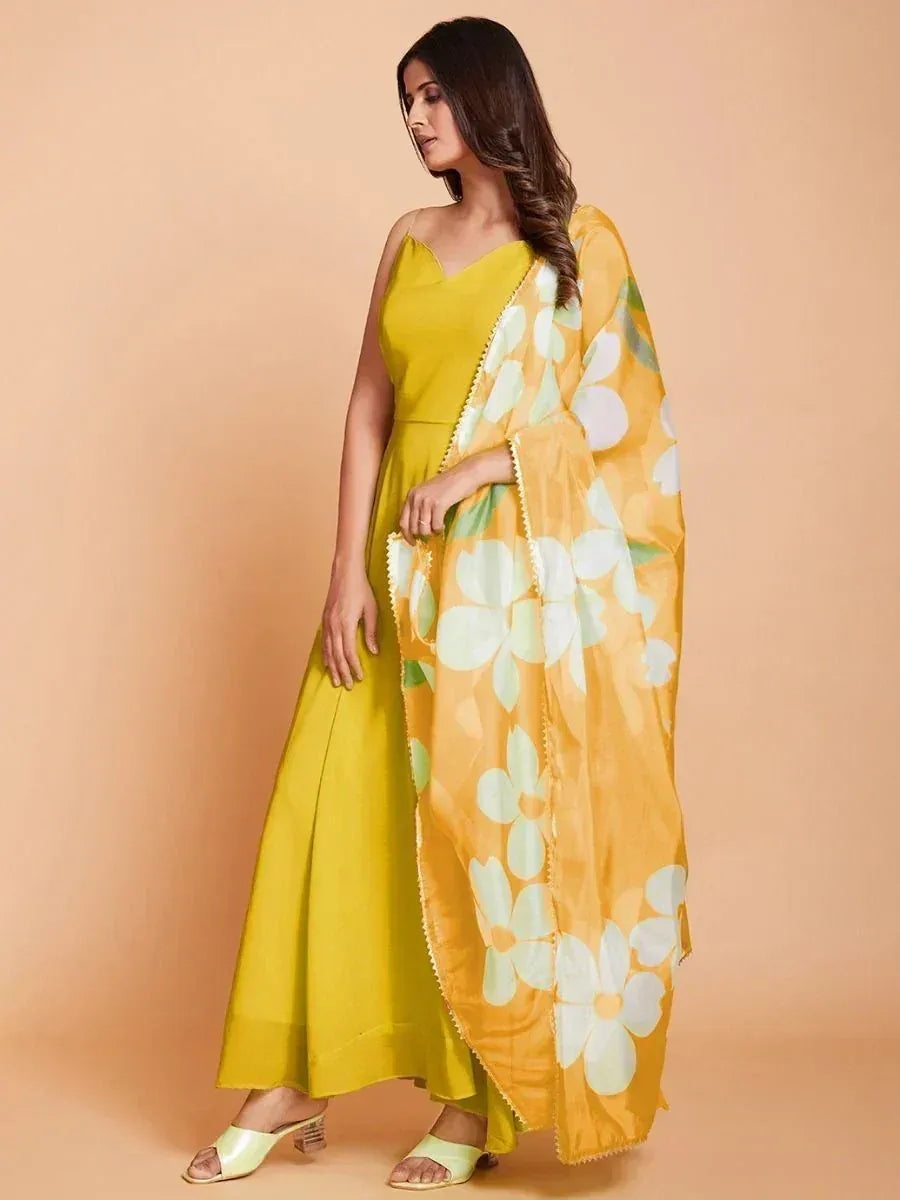 Yellow floral print ethnic gown with matching dupatta, stylish Indian wear for women