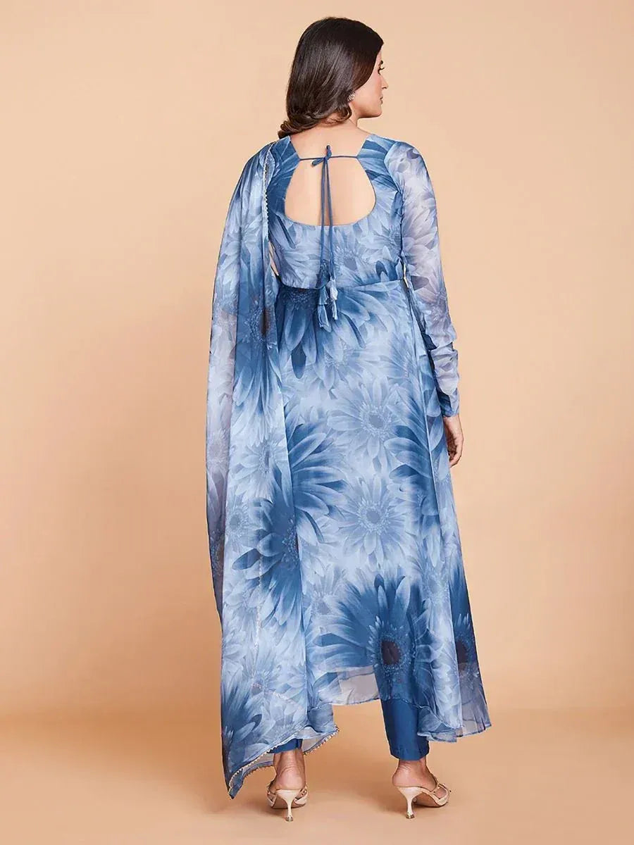 Blue floral printed ethnic gown with back tie detail and matching pants for women