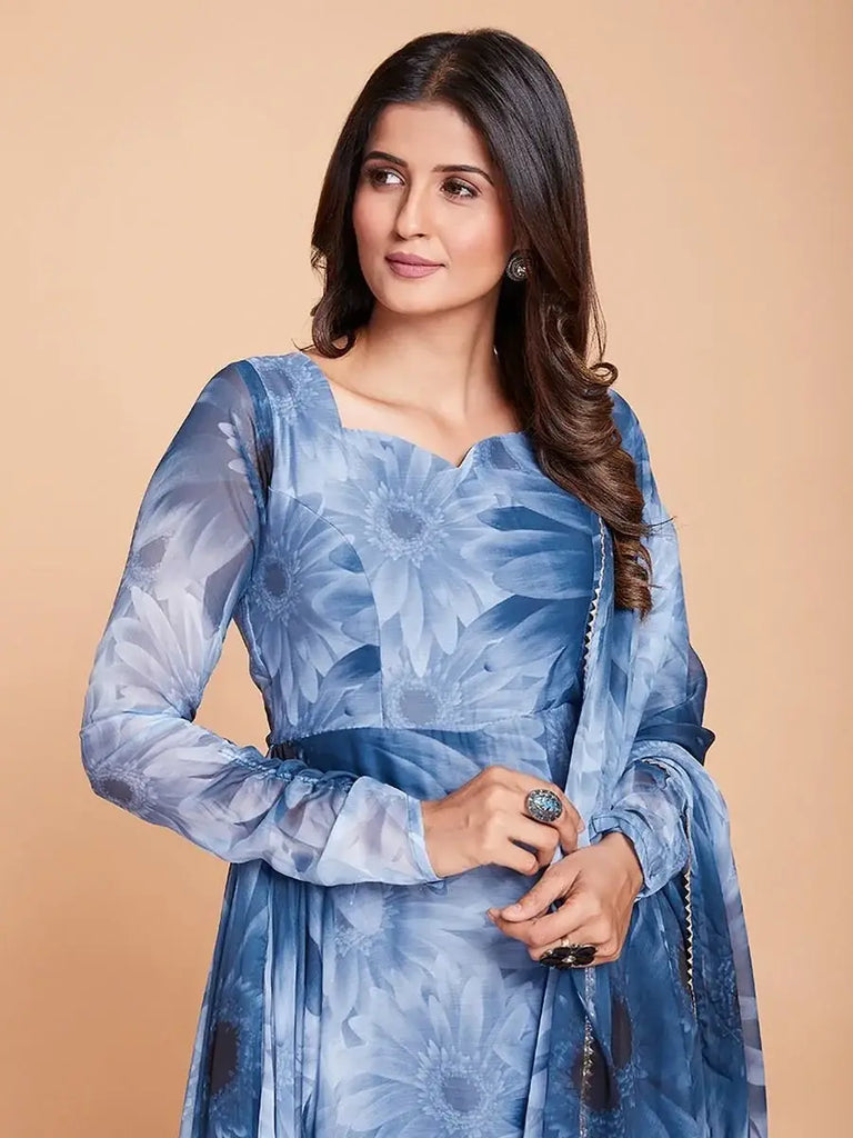 Stunning Blue Digital Print Georgette Occasion Wear Anarakali Suit