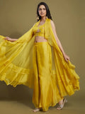 Fascinating Yellow Organza Party Wear Palazzo Top With Ruffle Jacket