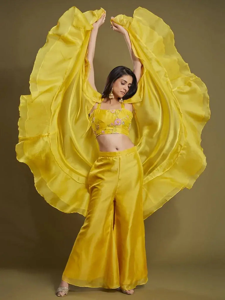 Fascinating Yellow Organza Party Wear Palazzo Top With Ruffle Jacket
