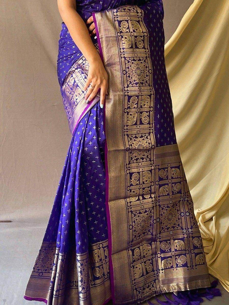 Gorgeous Blue Zari Weaving Silk Wedding Wear Saree With Blouse