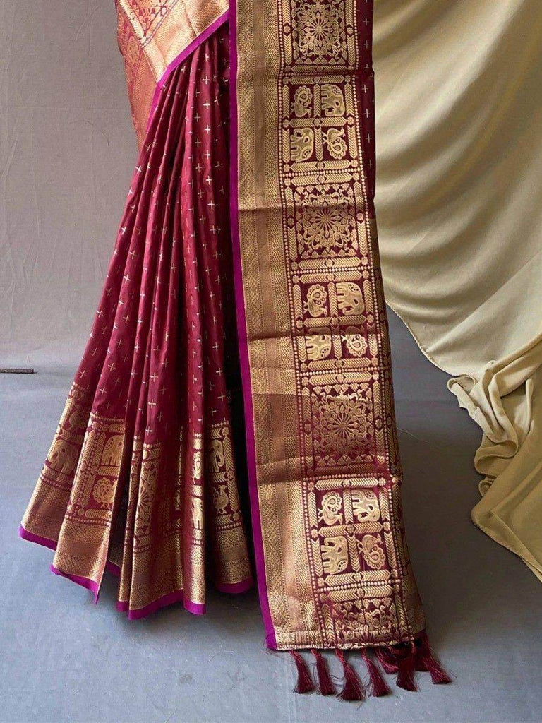Beautiful Maroon Zari Woven Silk Reception Wear Saree With Blouse