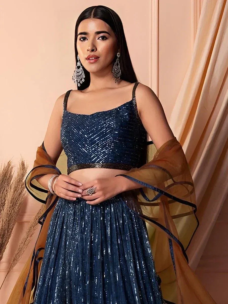 Blue sequin lehenga choli with sheer dupatta, ethnic Indian wear for weddings and parties